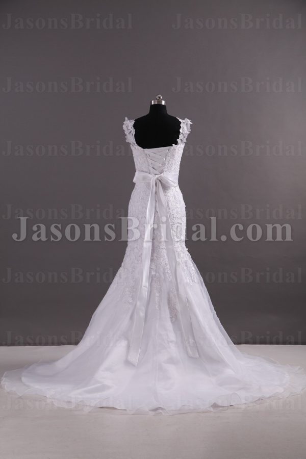 Fit-and-Flare Floral Cap Sleeves Sweetheart Allover Lace Adorned Belt Chapel Train Organza over Satin Wedding Dresses