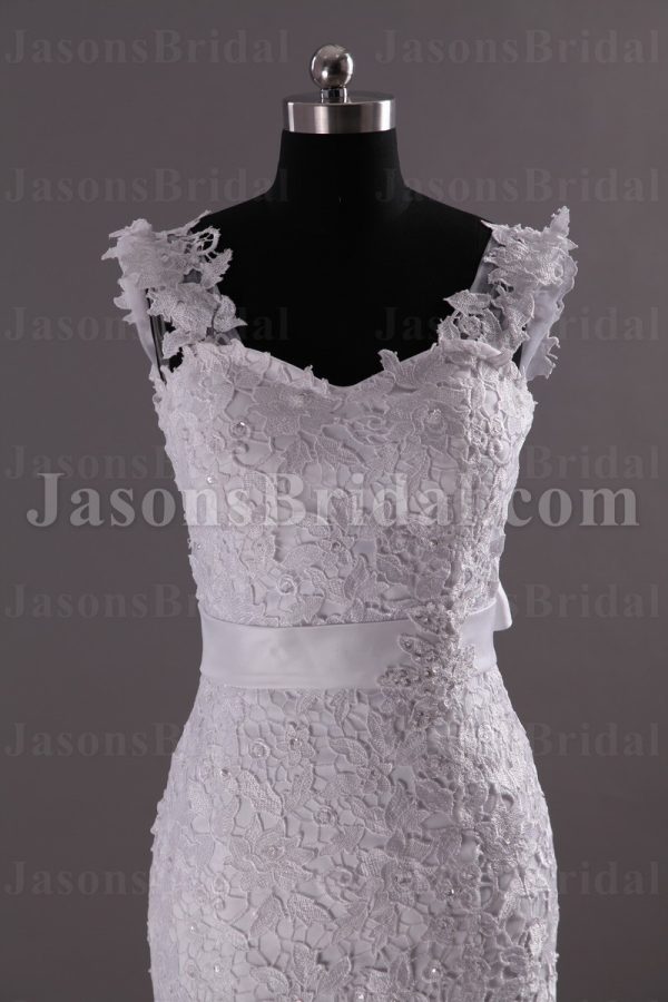 Fit-and-Flare Floral Cap Sleeves Sweetheart Allover Lace Adorned Belt Chapel Train Organza over Satin Wedding Dresses