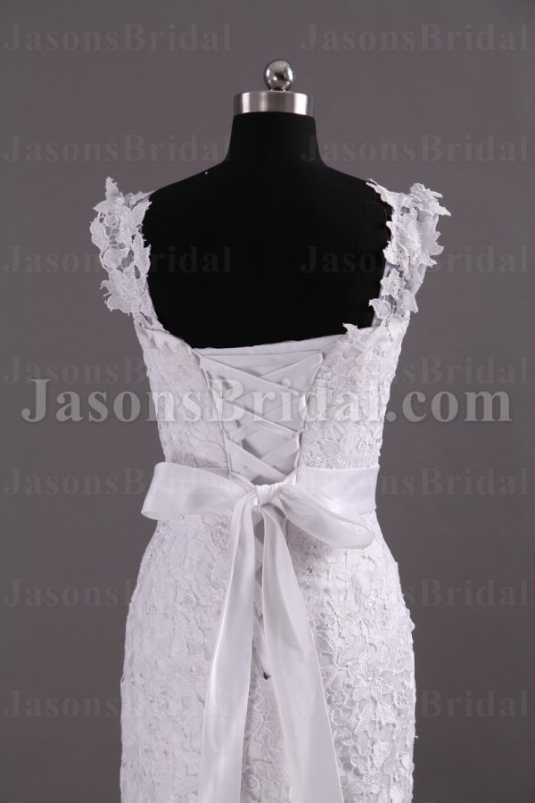 Fit-and-Flare Floral Cap Sleeves Sweetheart Allover Lace Adorned Belt Chapel Train Organza over Satin Wedding Dresses
