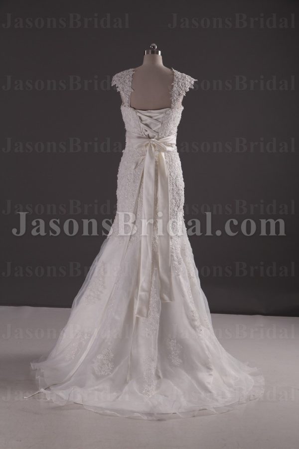 Fit-and-Flare Appliqued Cap Sleeves Sweetheart Allover Lace Adorned Belt Side Slit Sweep Train Organza over Satin Wedding Dresses