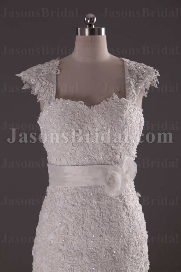 Fit-and-Flare Appliqued Cap Sleeves Sweetheart Allover Lace Adorned Belt Side Slit Sweep Train Organza over Satin Wedding Dresses