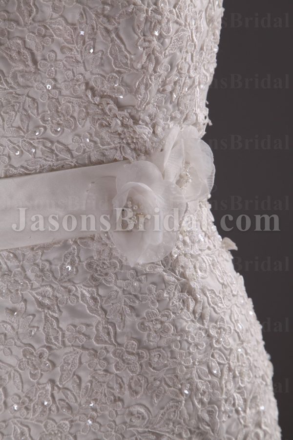 Fit-and-Flare Appliqued Cap Sleeves Sweetheart Allover Lace Adorned Belt Side Slit Sweep Train Organza over Satin Wedding Dresses
