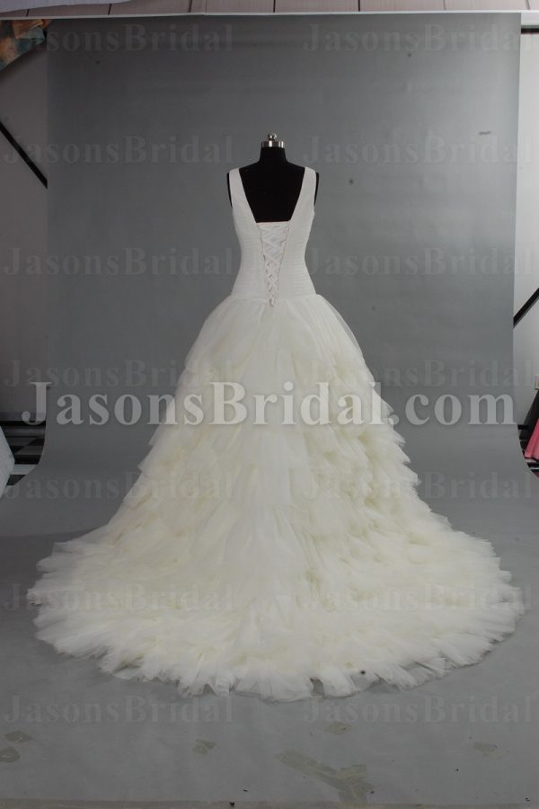 Magical Ball Gown Straps V-neck Ruched Asymmetrical Pleated Jeweled Side Waist Tiered Layers Gathered Tulle Chapel Train Wedding Dresses