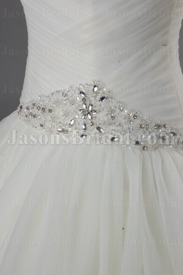 Magical Ball Gown Straps V-neck Ruched Asymmetrical Pleated Jeweled Side Waist Tiered Layers Gathered Tulle Chapel Train Wedding Dresses