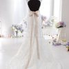 Fit-and-Flare Illusion Sleeves Scalloped V-neck Beaded Belt Allover Lace Backless Sweep Train Satin Wedding Dresses