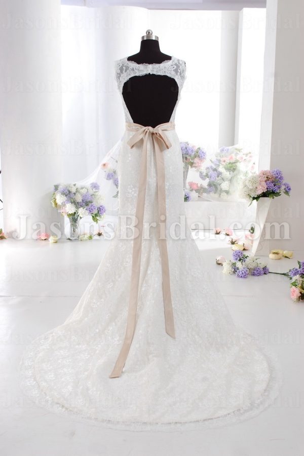 Fit-and-Flare Illusion Sleeves Scalloped V-neck Beaded Belt Allover Lace Backless Sweep Train Satin Wedding Dresses