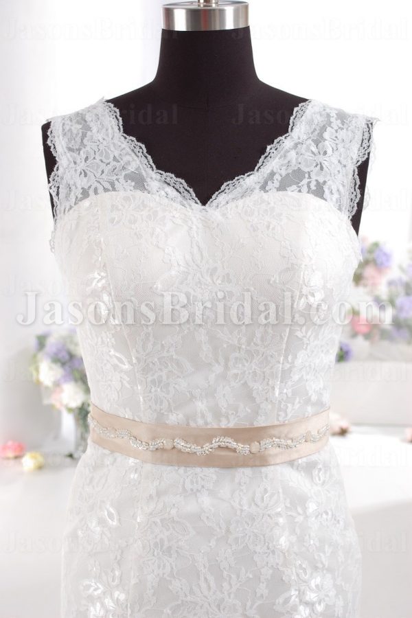 Fit-and-Flare Illusion Sleeves Scalloped V-neck Beaded Belt Allover Lace Backless Sweep Train Satin Wedding Dresses