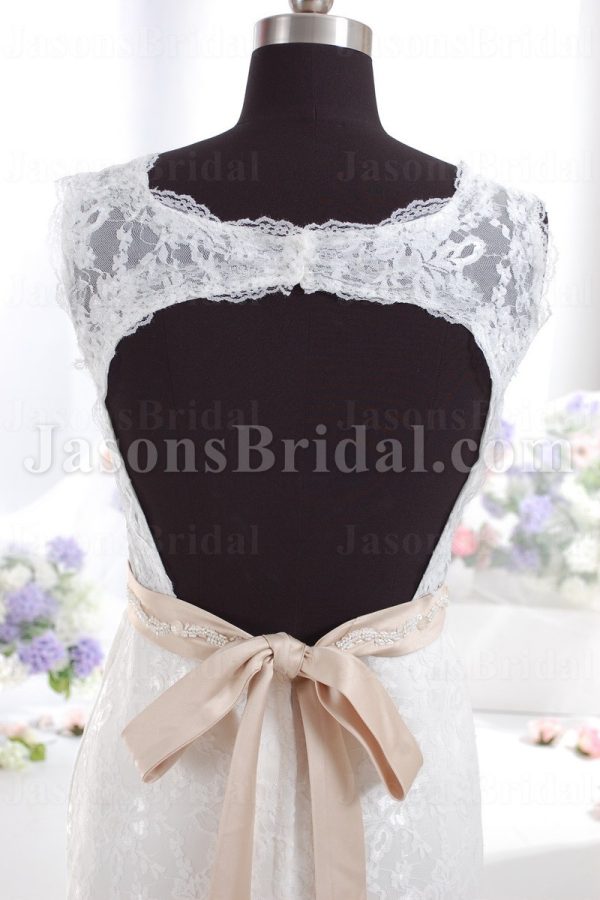 Fit-and-Flare Illusion Sleeves Scalloped V-neck Beaded Belt Allover Lace Backless Sweep Train Satin Wedding Dresses