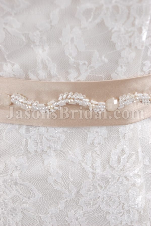 Fit-and-Flare Illusion Sleeves Scalloped V-neck Beaded Belt Allover Lace Backless Sweep Train Satin Wedding Dresses