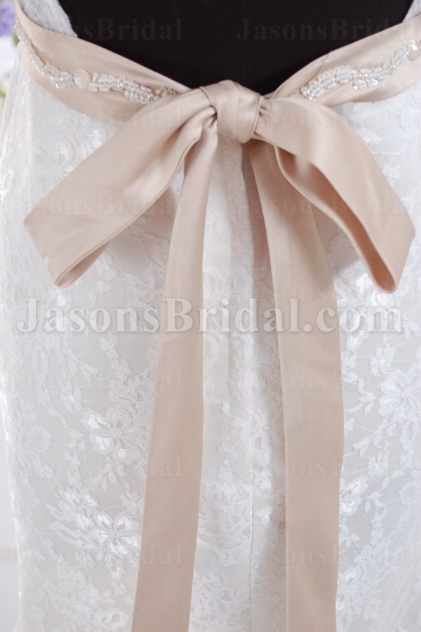 Fit-and-Flare Illusion Sleeves Scalloped V-neck Beaded Belt Allover Lace Backless Sweep Train Satin Wedding Dresses