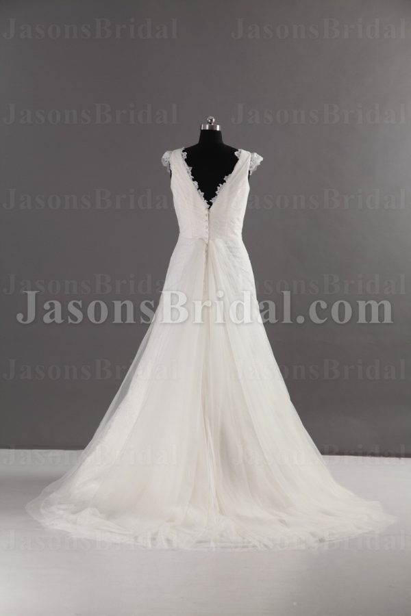 A-line Lace Adorned Sleeveless V-neck Ruched Asymmetrical Pleated Jeweled Waist Sweep Train Tulle Lace Wedding Dresses