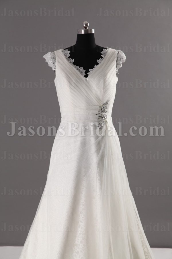 A-line Lace Adorned Sleeveless V-neck Ruched Asymmetrical Pleated Jeweled Waist Sweep Train Tulle Lace Wedding Dresses