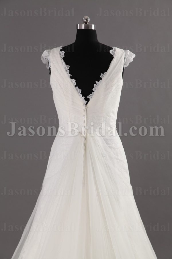 A-line Lace Adorned Sleeveless V-neck Ruched Asymmetrical Pleated Jeweled Waist Sweep Train Tulle Lace Wedding Dresses