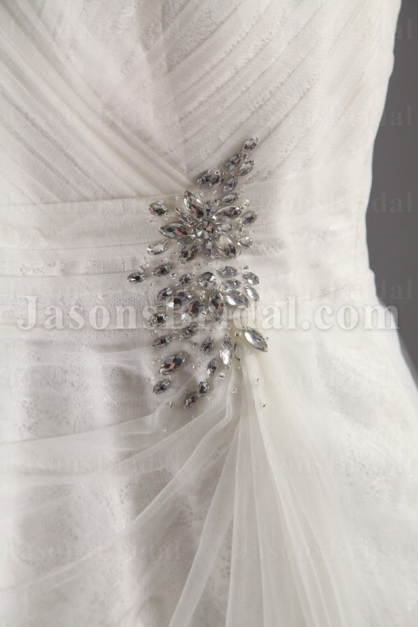 A-line Lace Adorned Sleeveless V-neck Ruched Asymmetrical Pleated Jeweled Waist Sweep Train Tulle Lace Wedding Dresses