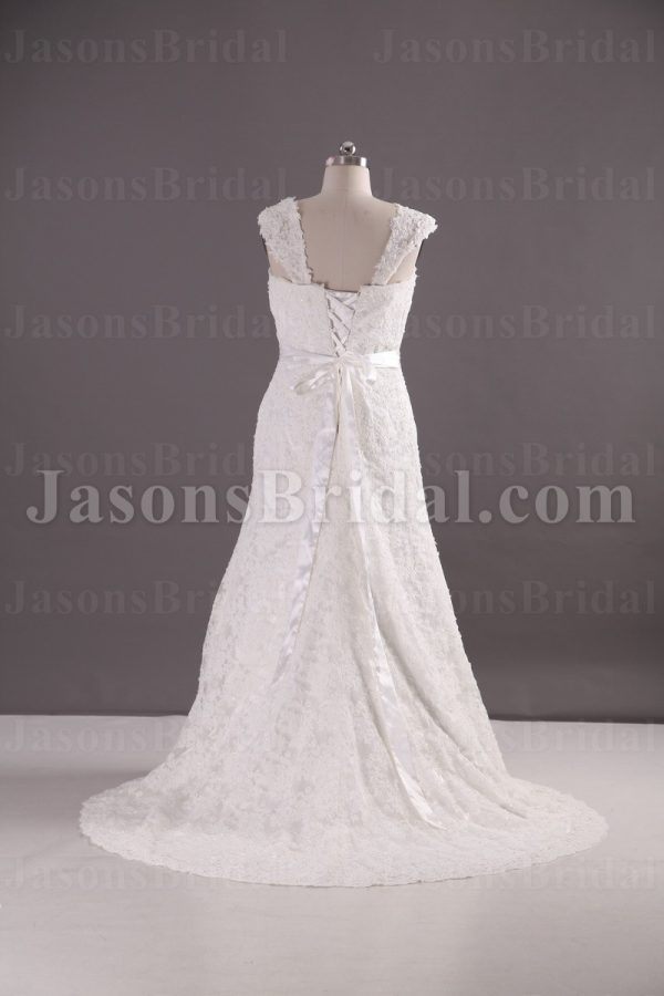 Fit-and-Flare Cap Sleeves Sweetheart Jeweled Belt Sweep Train Allover Lace Wedding Dresses