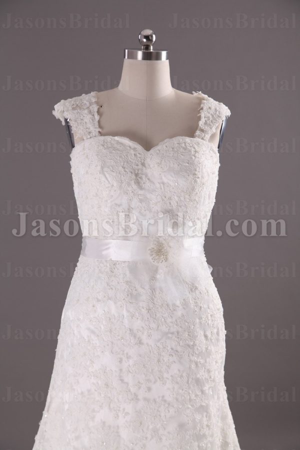 Fit-and-Flare Cap Sleeves Sweetheart Jeweled Belt Sweep Train Allover Lace Wedding Dresses