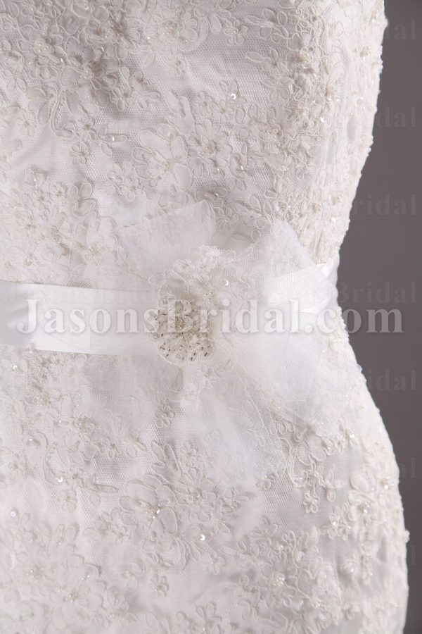 Fit-and-Flare Cap Sleeves Sweetheart Jeweled Belt Sweep Train Allover Lace Wedding Dresses