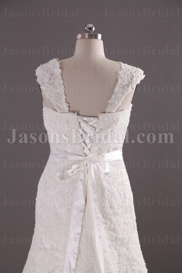 Fit-and-Flare Cap Sleeves Sweetheart Jeweled Belt Sweep Train Allover Lace Wedding Dresses