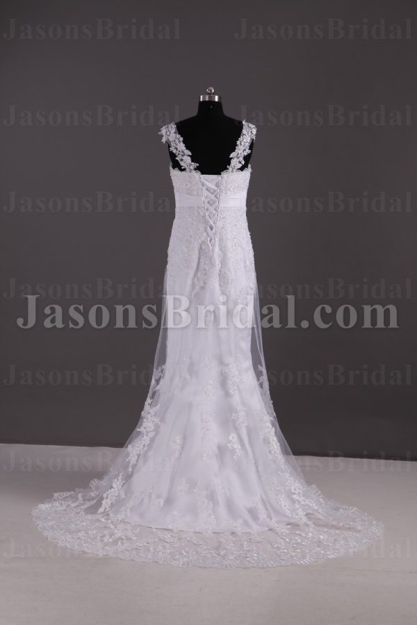 Fit-and-Flare Cap Sleeves Sweetheart Jeweled Empire Belt Beaded Appliques Sweep Train Tulle over Satin Wedding Dresses