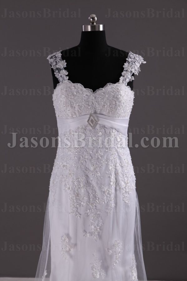 Fit-and-Flare Cap Sleeves Sweetheart Jeweled Empire Belt Beaded Appliques Sweep Train Tulle over Satin Wedding Dresses