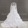 Dramatic Ball Gown Illusion Long Sleeves Scalloped Neckline Beaded Appliques Pleated Draped Pick-up Chapel Train Satin Wedding Dresses