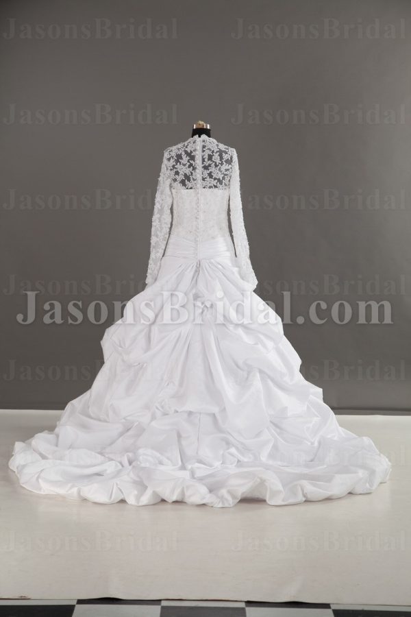 Dramatic Ball Gown Illusion Long Sleeves Scalloped Neckline Beaded Appliques Pleated Draped Pick-up Chapel Train Satin Wedding Dresses
