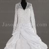 Dramatic Ball Gown Illusion Long Sleeves Scalloped Neckline Beaded Appliques Pleated Draped Pick-up Chapel Train Satin Wedding Dresses