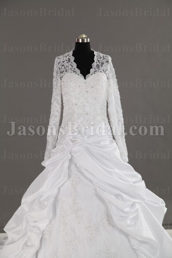 Dramatic Ball Gown Illusion Long Sleeves Scalloped Neckline Beaded Appliques Pleated Draped Pick-up Chapel Train Satin Wedding Dresses