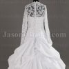 Dramatic Ball Gown Illusion Long Sleeves Scalloped Neckline Beaded Appliques Pleated Draped Pick-up Chapel Train Satin Wedding Dresses