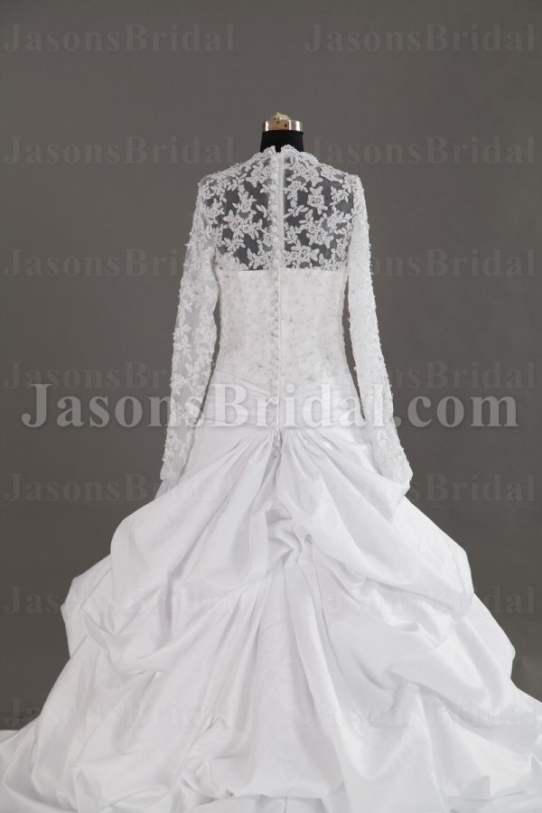 Dramatic Ball Gown Illusion Long Sleeves Scalloped Neckline Beaded Appliques Pleated Draped Pick-up Chapel Train Satin Wedding Dresses