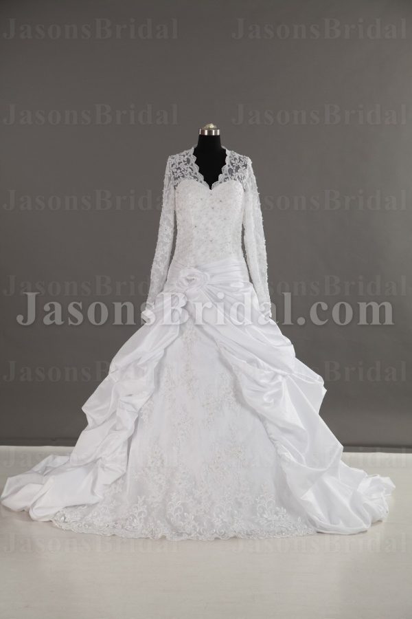 Dramatic Ball Gown Illusion Long Sleeves Scalloped Neckline Beaded Appliques Pleated Draped Pick-up Chapel Train Satin Wedding Dresses