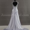 Slim-line Queen Anne Neckline Beaded Lace Asymmetrical Pleated Backless Side Draped Sweep Train Satin Wedding Dresses