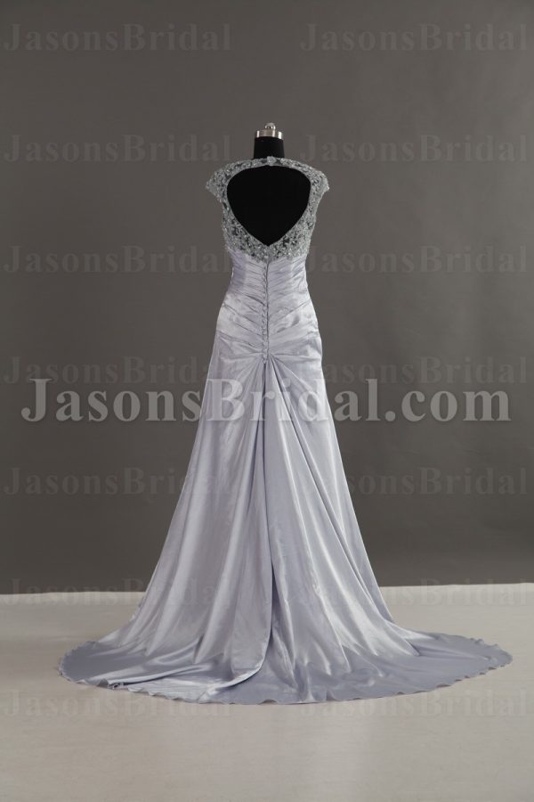 Slim-line Queen Anne Neckline Beaded Lace Asymmetrical Pleated Backless Side Draped Sweep Train Satin Wedding Dresses