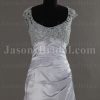 Slim-line Queen Anne Neckline Beaded Lace Asymmetrical Pleated Backless Side Draped Sweep Train Satin Wedding Dresses