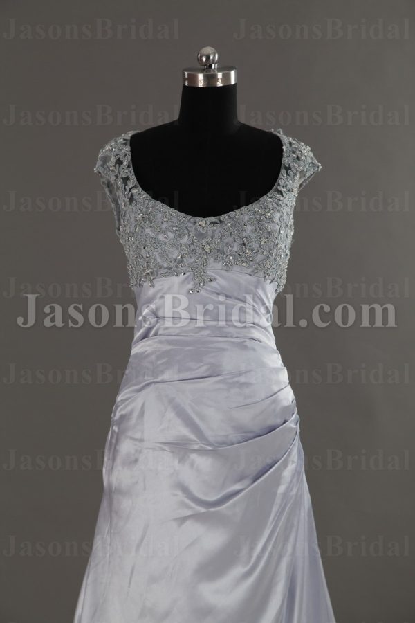 Slim-line Queen Anne Neckline Beaded Lace Asymmetrical Pleated Backless Side Draped Sweep Train Satin Wedding Dresses