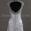 Slim-line Queen Anne Neckline Beaded Lace Asymmetrical Pleated Backless Side Draped Sweep Train Satin Wedding Dresses
