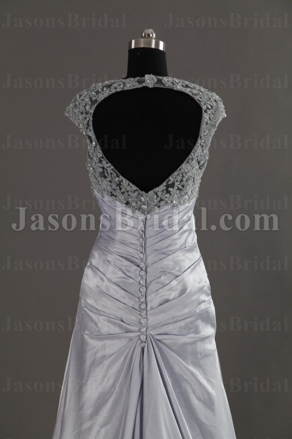 Slim-line Queen Anne Neckline Beaded Lace Asymmetrical Pleated Backless Side Draped Sweep Train Satin Wedding Dresses