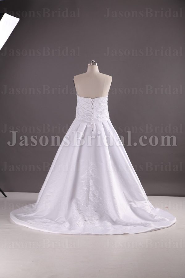 Ball Gown Strapless Beaded Embroidered Asymmetrical Ruched Pleated Chapel Train Satin Wedding Dresses