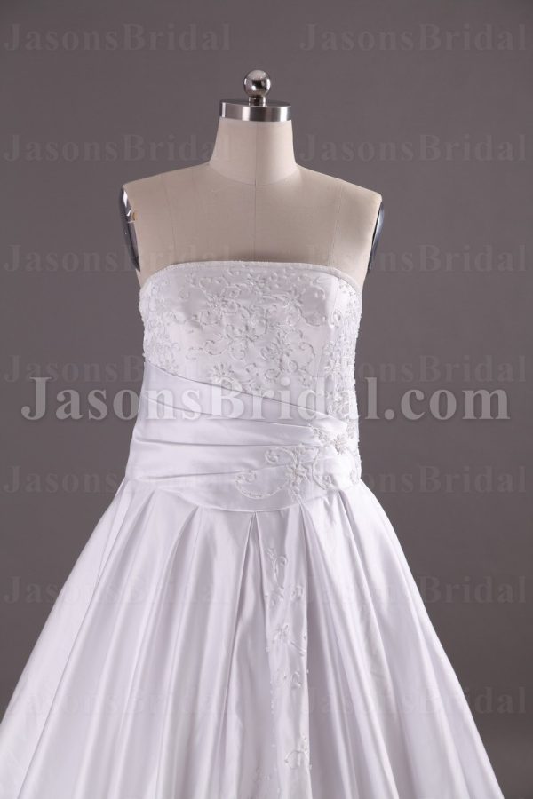Ball Gown Strapless Beaded Embroidered Asymmetrical Ruched Pleated Chapel Train Satin Wedding Dresses