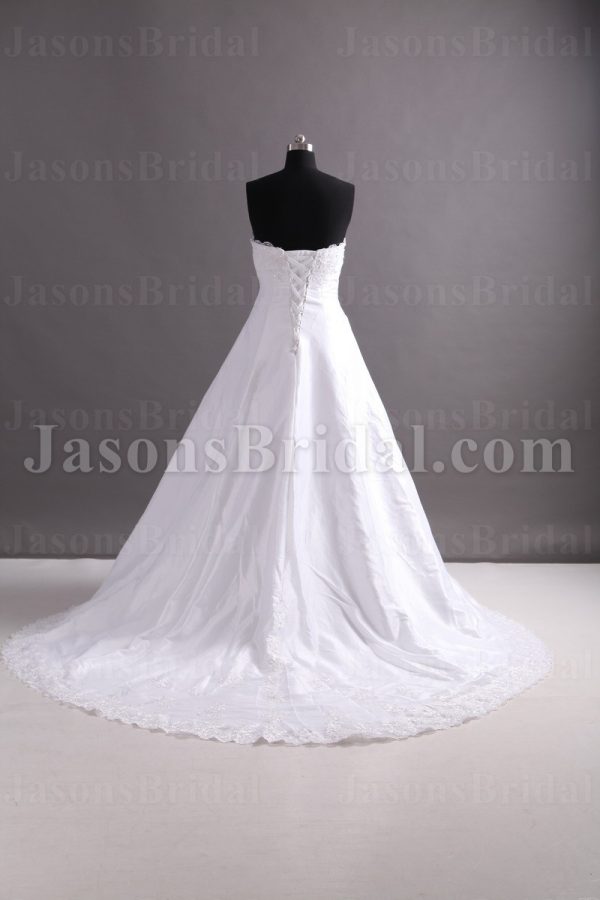 A-line Scalloped Sweetheart Beaded Appliques Asymmetrical Ruched Chapel Train Organza over Satin Wedding Dresses