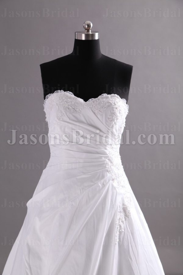 A-line Scalloped Sweetheart Beaded Appliques Asymmetrical Ruched Chapel Train Organza over Satin Wedding Dresses