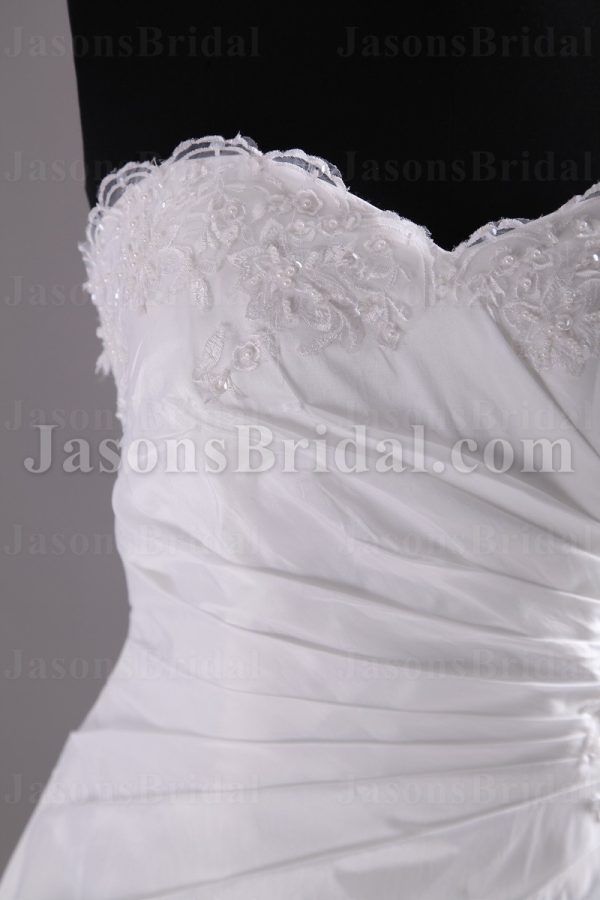 A-line Scalloped Sweetheart Beaded Appliques Asymmetrical Ruched Chapel Train Organza over Satin Wedding Dresses