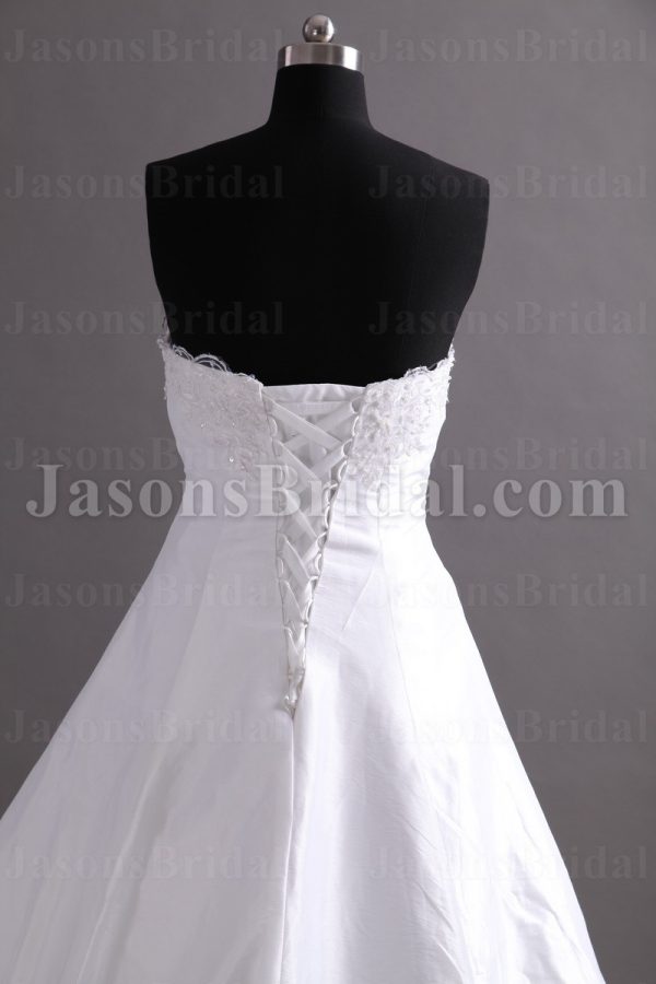A-line Scalloped Sweetheart Beaded Appliques Asymmetrical Ruched Chapel Train Organza over Satin Wedding Dresses