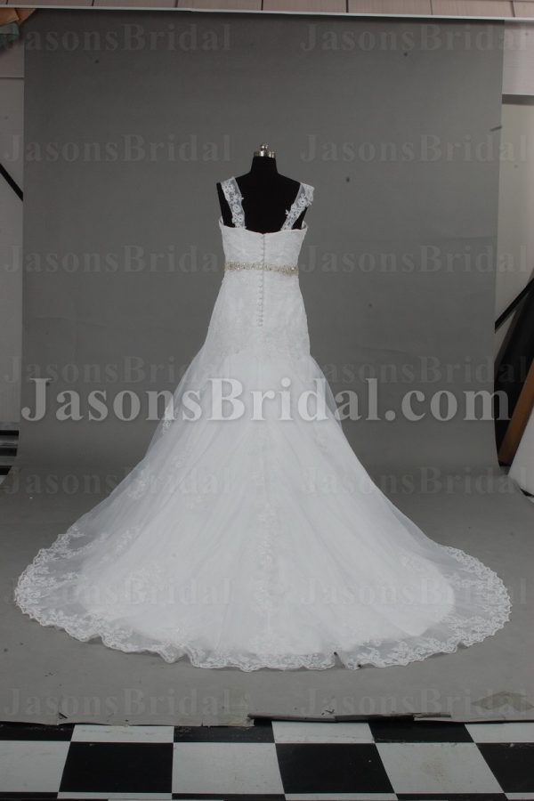 Fit-and-Flare Cap Sleeves Sweetheart Appliqued Jeweled Waistline Chapel Train Lace over Satin Wedding Dresses