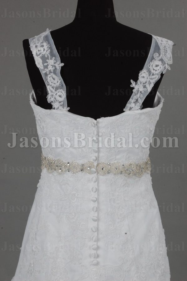 Fit-and-Flare Cap Sleeves Sweetheart Appliqued Jeweled Waistline Chapel Train Lace over Satin Wedding Dresses