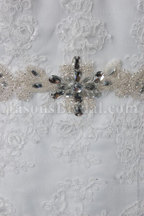 Fit-and-Flare Cap Sleeves Sweetheart Appliqued Jeweled Waistline Chapel Train Lace over Satin Wedding Dresses