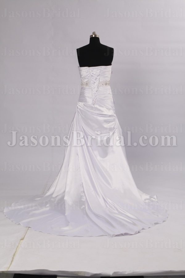 Fit-and-Flare Sweetheart Ruched Asymmetrical Pleated Beaded Waist Side Draped Sweep Train Satin Wedding Dresses