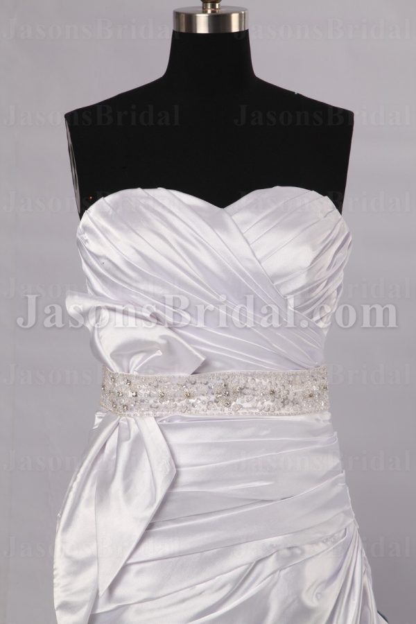 Fit-and-Flare Sweetheart Ruched Asymmetrical Pleated Beaded Waist Side Draped Sweep Train Satin Wedding Dresses