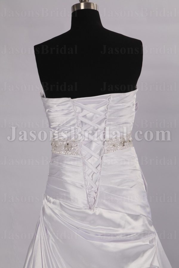Fit-and-Flare Sweetheart Ruched Asymmetrical Pleated Beaded Waist Side Draped Sweep Train Satin Wedding Dresses
