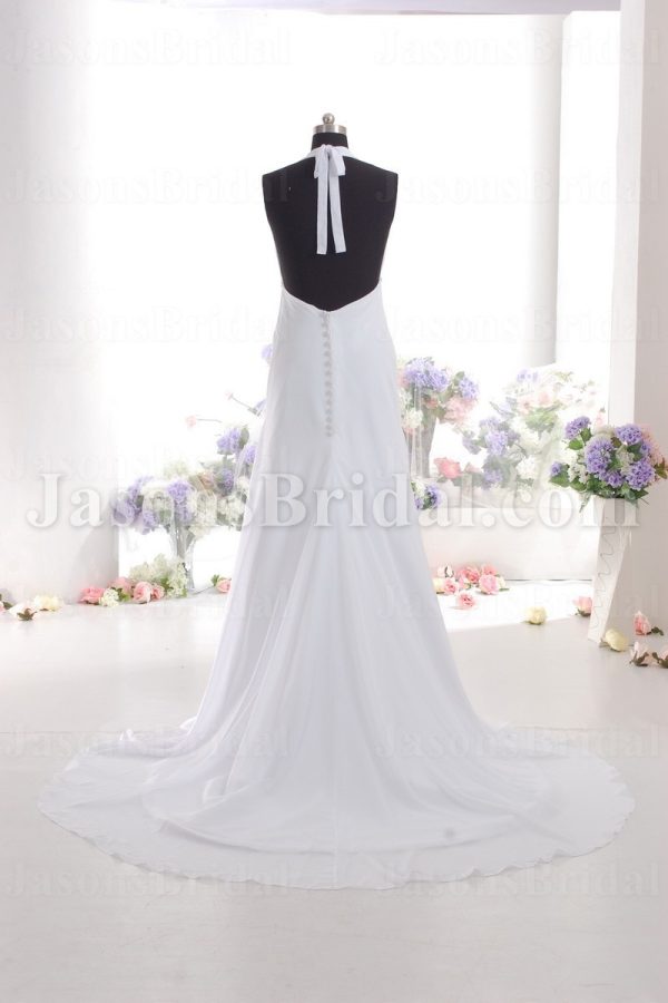 Empire A-line Halter V-neck Ruched Bodice Jeweled Backless Sweep Train Chiffon Wedding Dresses